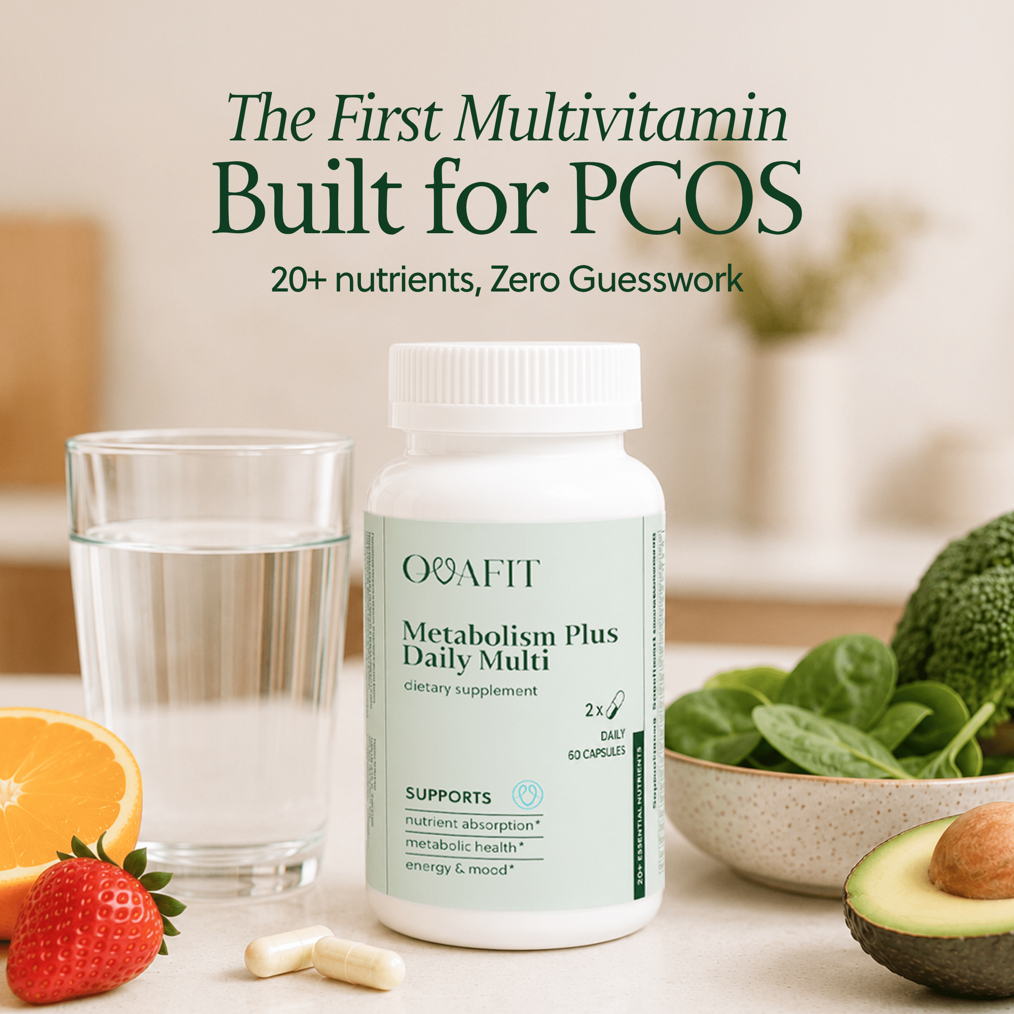 Ovafit Metabolism Plus Daily Multi bottle with text above