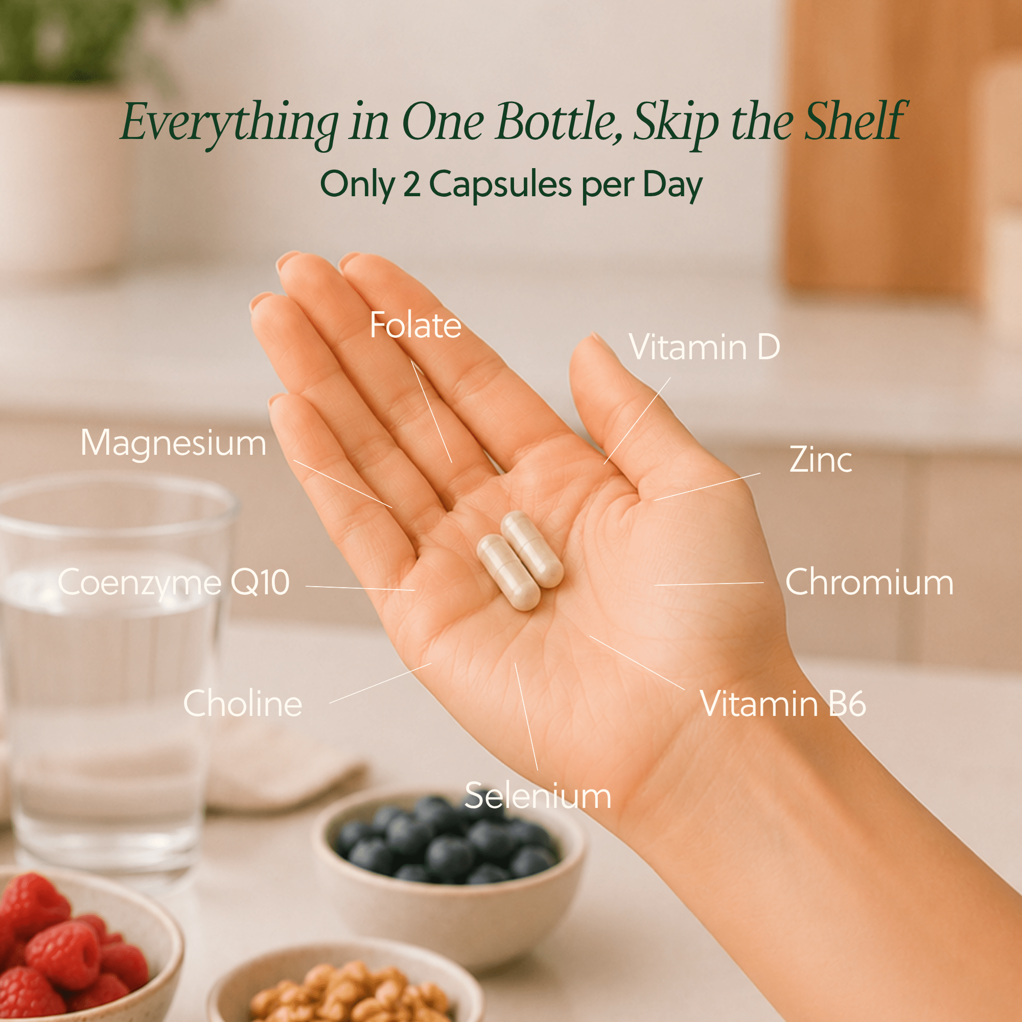 Hand holding two capsules with vitamin informational text all around
