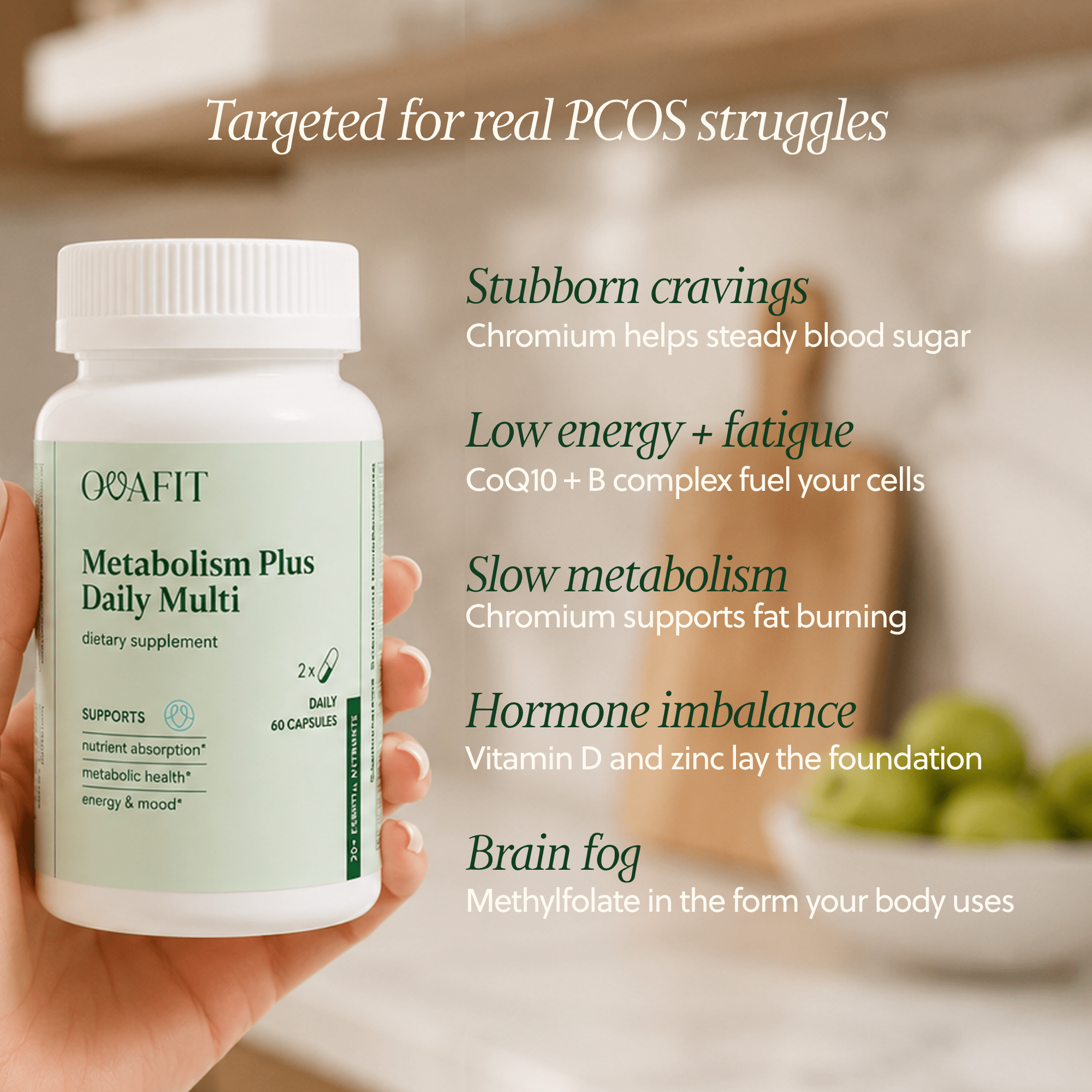 Ovafit Metabolism Plus Daily Multi bottle with text surrounding