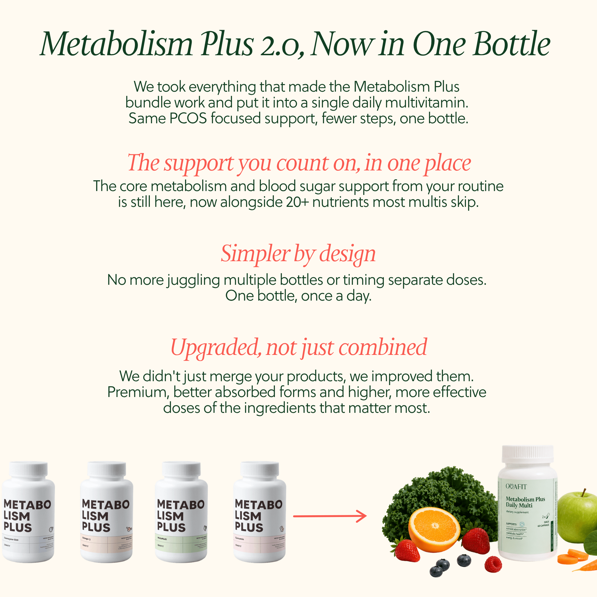 Metabolism Plus 2.0, Now in one bottle. Informational text about metabolism plus supplements