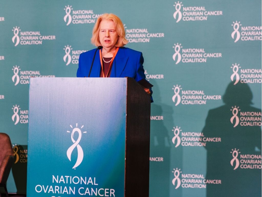 Dr. Ursula Matulonis of Dana Farber Cancer Institute gives presentation to ovarian cancer patients and caregivers at National Ovarian Cancer Coalition Conference.
