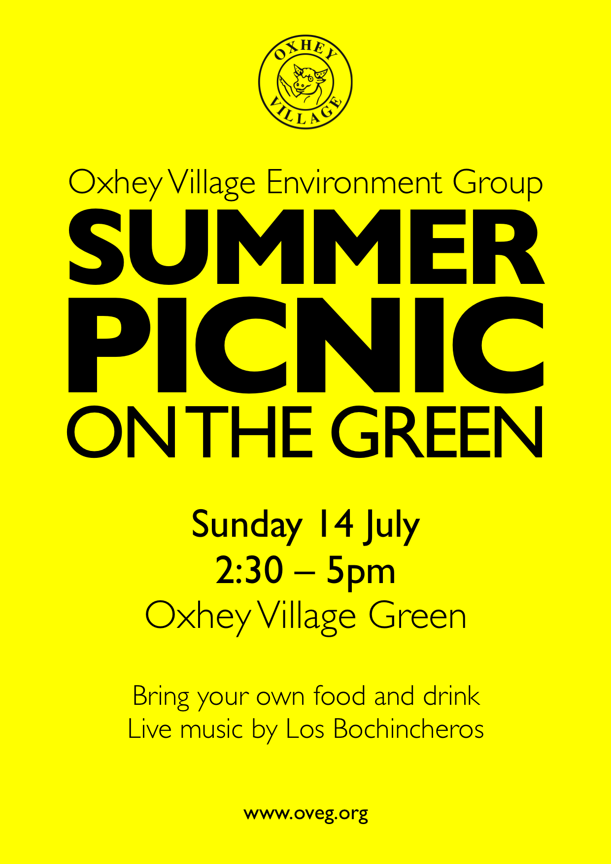 A poster for the OVEG Picnic on the Green, held on Sunday 14 June 2013 on Oxhey Village Green