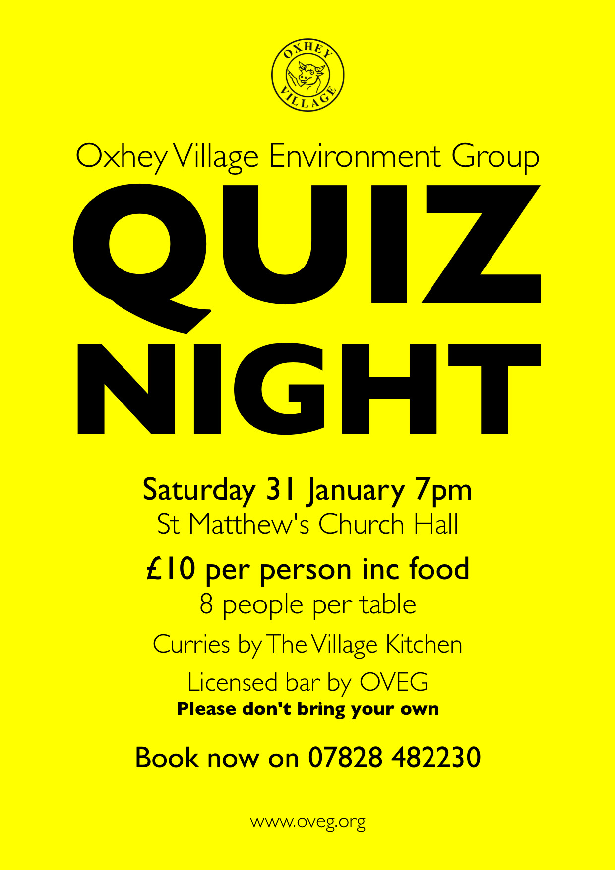 A poster for Oxhey Village Environment Group's OVEG Quiz, on 31 January 2015