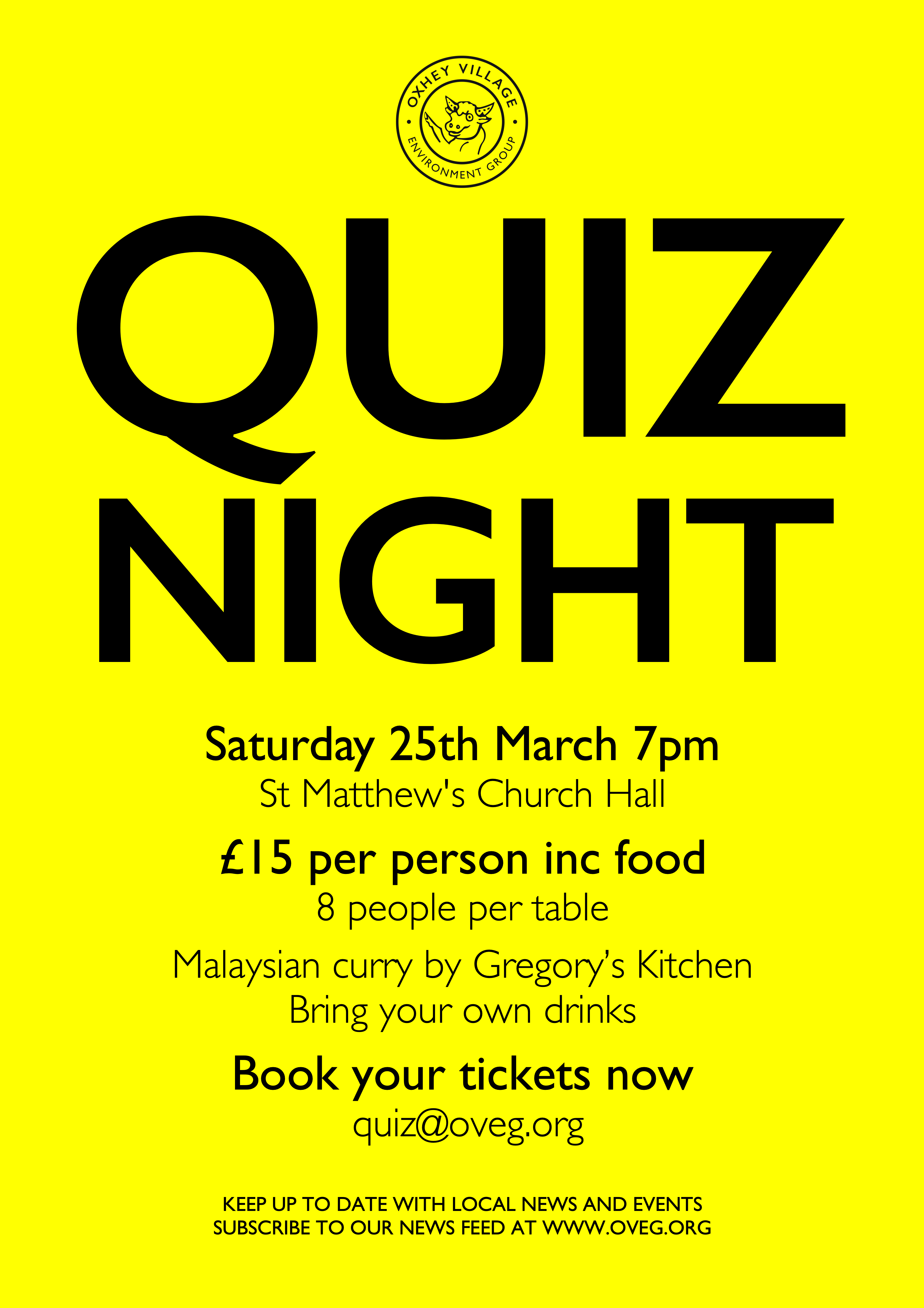 A poster for Oxhey Village Environment Group's OVEG Quiz, on 25 March 2023