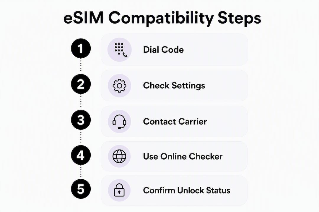 Infographic illustrating steps for checking eSIM compatibility