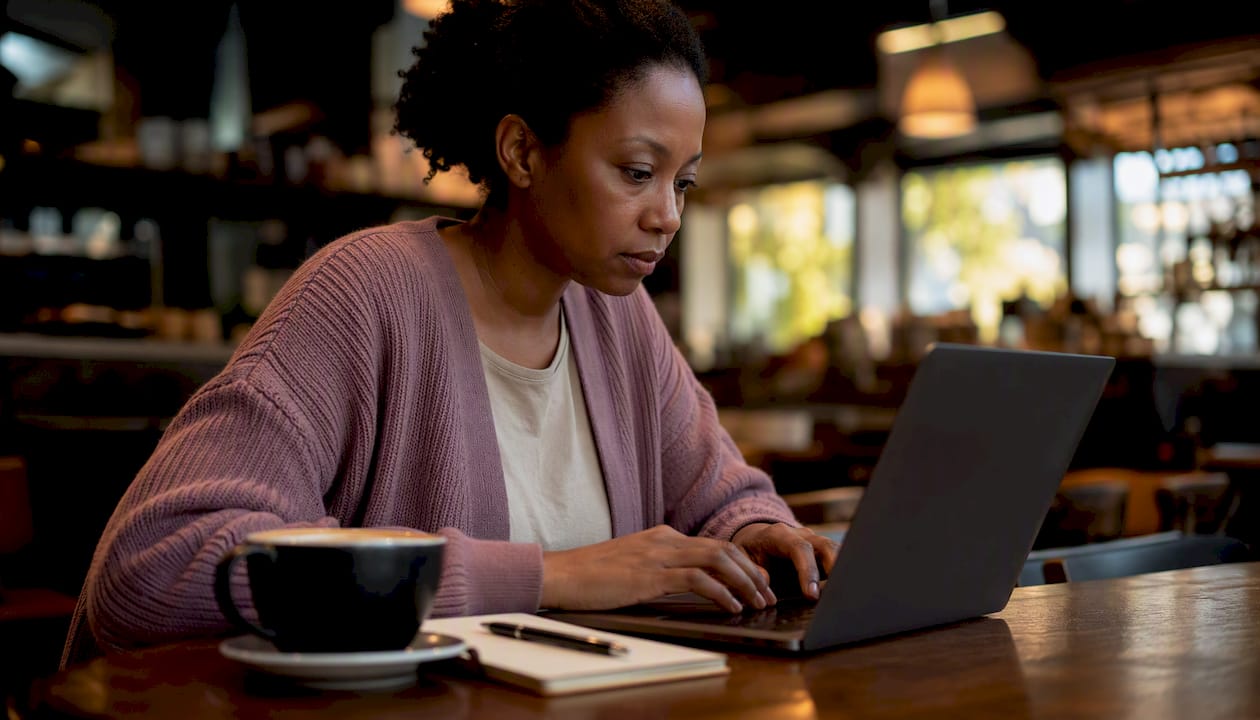 Woman using laptop for online eSIM check