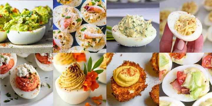 A collage of 8 variations of Deviled Eggs!