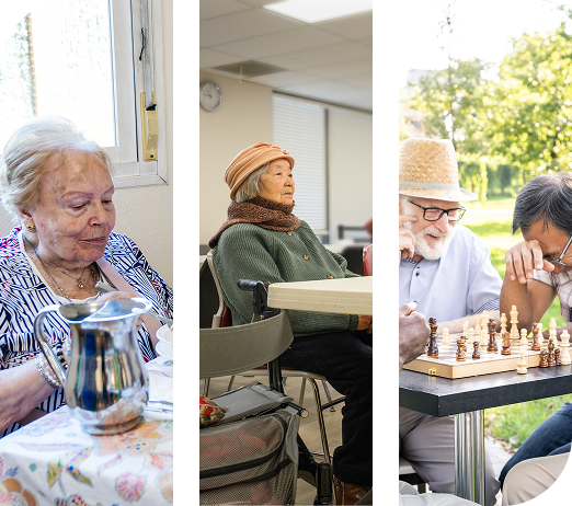 Elderly individuals enjoy dining, quiet contemplation, and an engaging game of outdoor chess. TITLE: