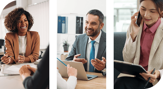 Diverse business professionals are smiling and communicating in various office settings.