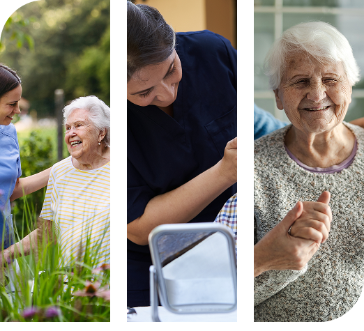 Caregivers provide compassionate assistance and companionship to smiling elderly women in various settings.