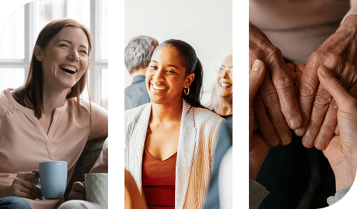 Diverse people experiencing joy and connection, from laughter to caring hands.