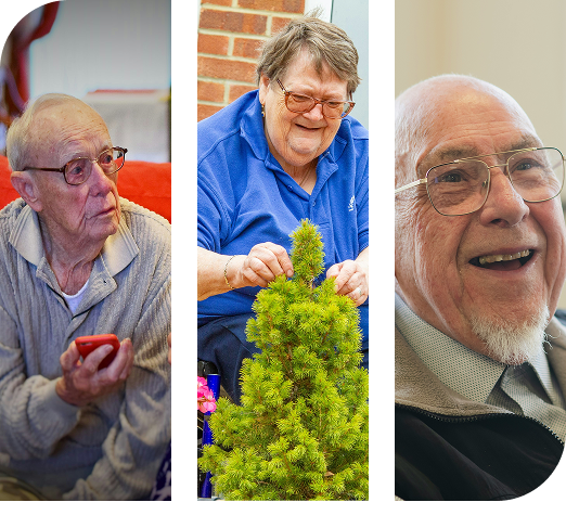 Three older adults are featured: one holding a phone, one tending a plant, and another