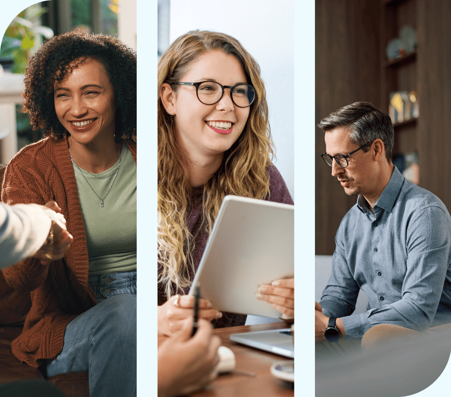 Three smiling diverse people engaged in separate professional and client interactions.