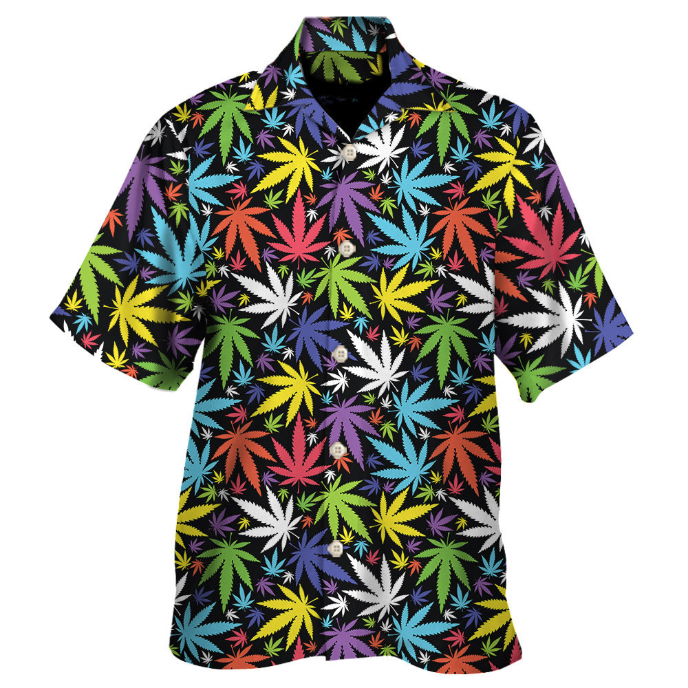 Colorful Weed Leaf Pattern Print Men's Short Sleeve Shirt