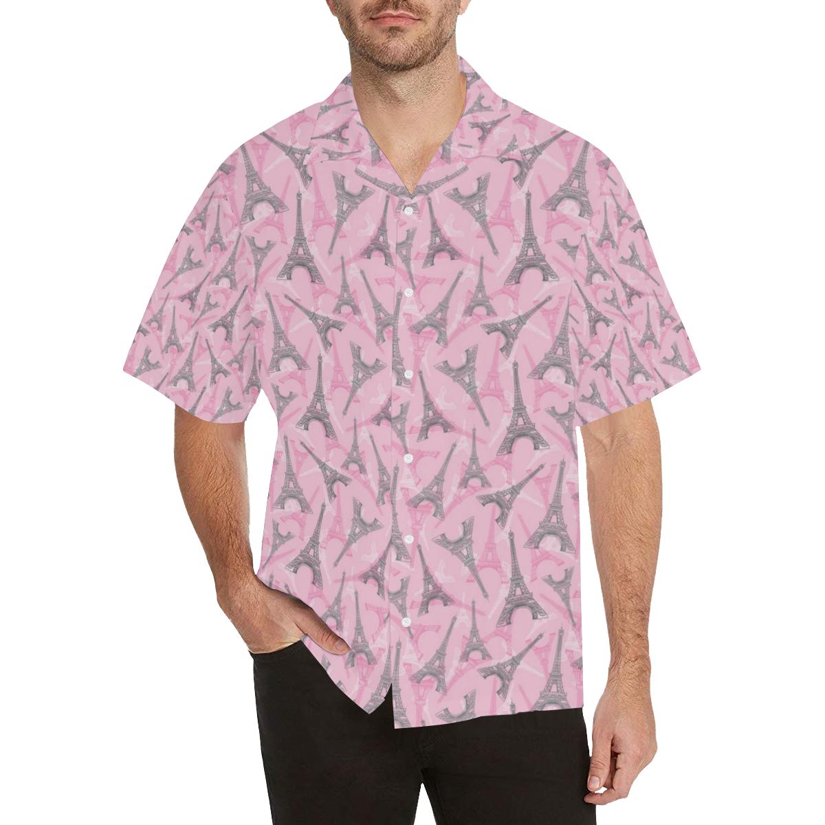 Eiffel Tower Pink Background Pattern Print Design Men's All Over Print Hawaiian Shirt - OwlOhh