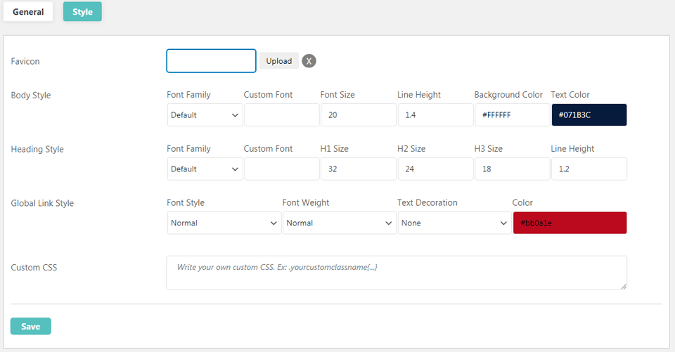 wp typeface style settings