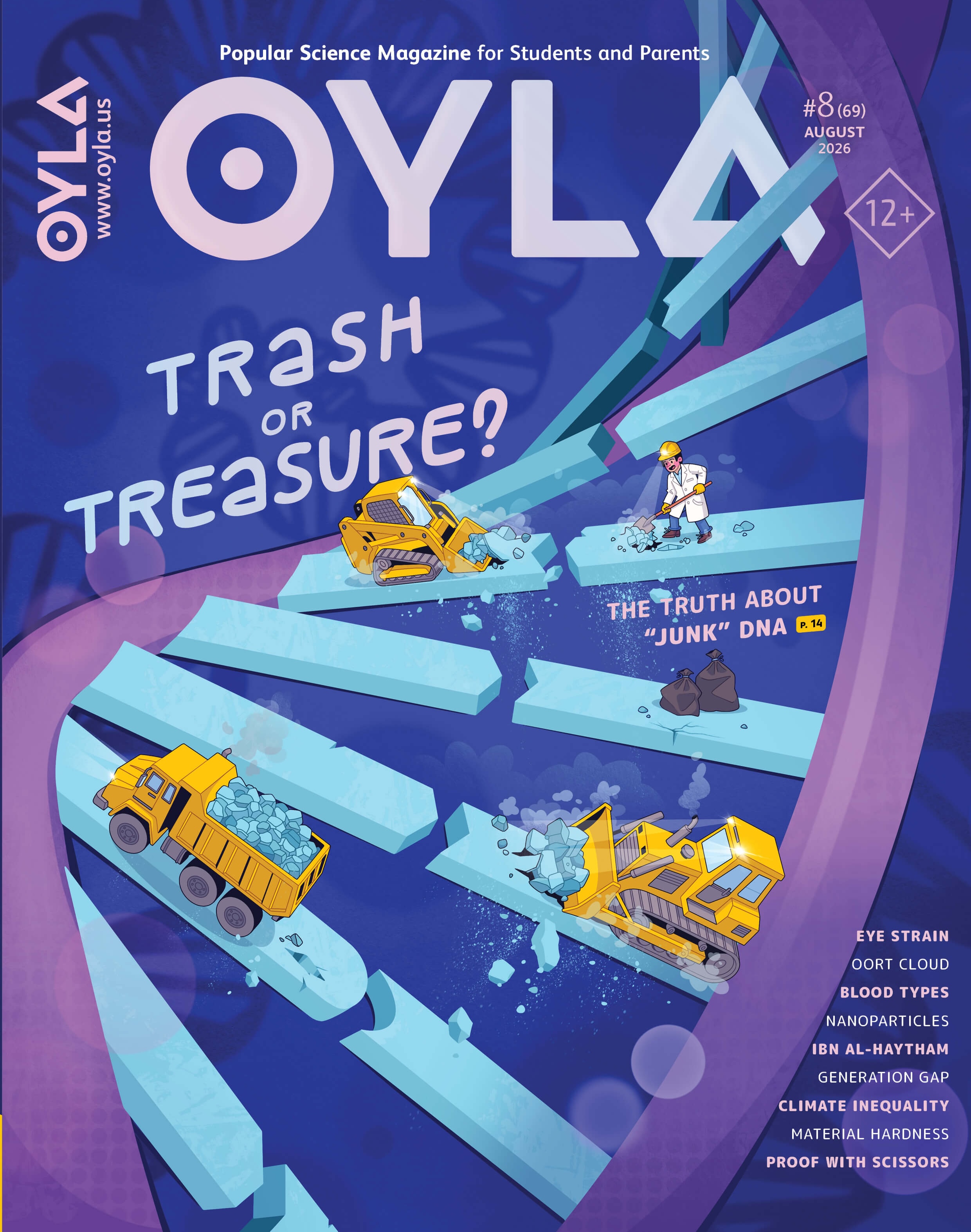 Magazine cover shows machines collecting and dumping blue cubes on conveyor belts with the title “Trash or Treasure?” and articles listed about science and health topics.