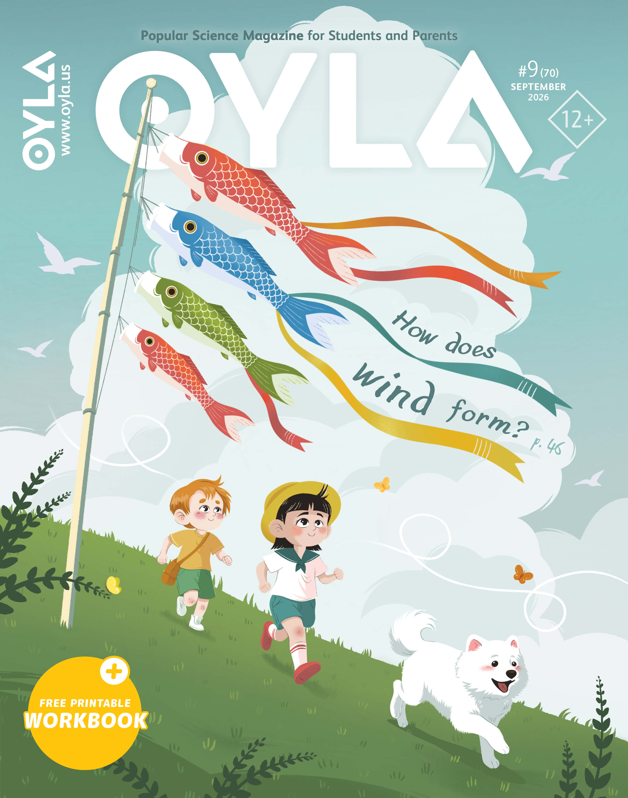 Three children and a white dog run uphill past colorful fish-shaped windsocks. Text on the windsocks reads, “How does wind form?” The scene is outdoors with a partly cloudy sky.