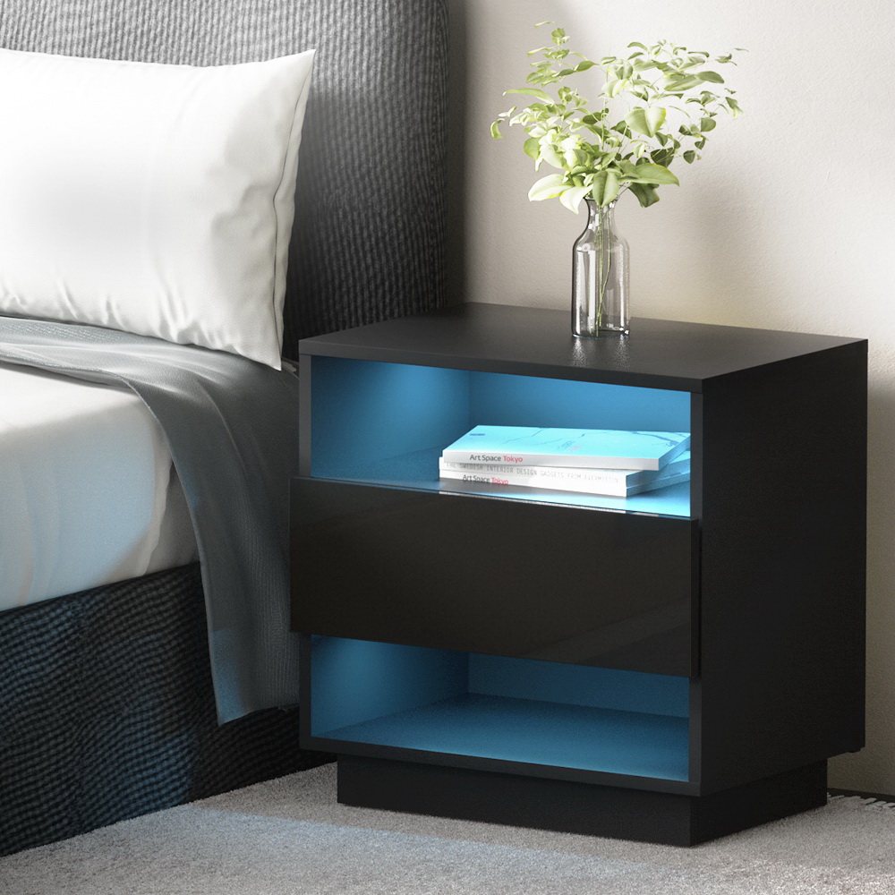 Artiss HANA Black LED Bedside Table with 2 Shelves