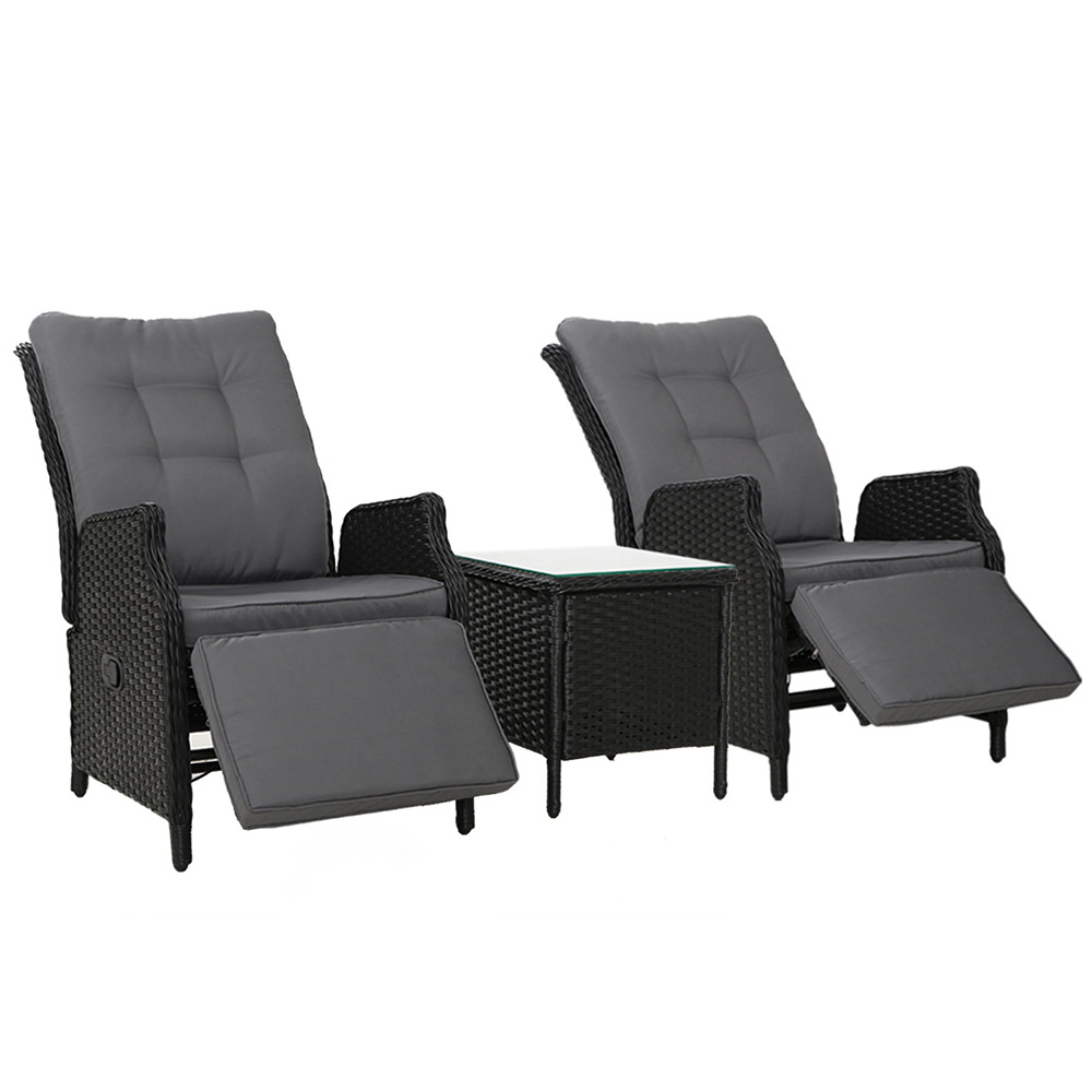 Gardeon 3 Piece Outdoor Wicker Recliner Set with Table Black