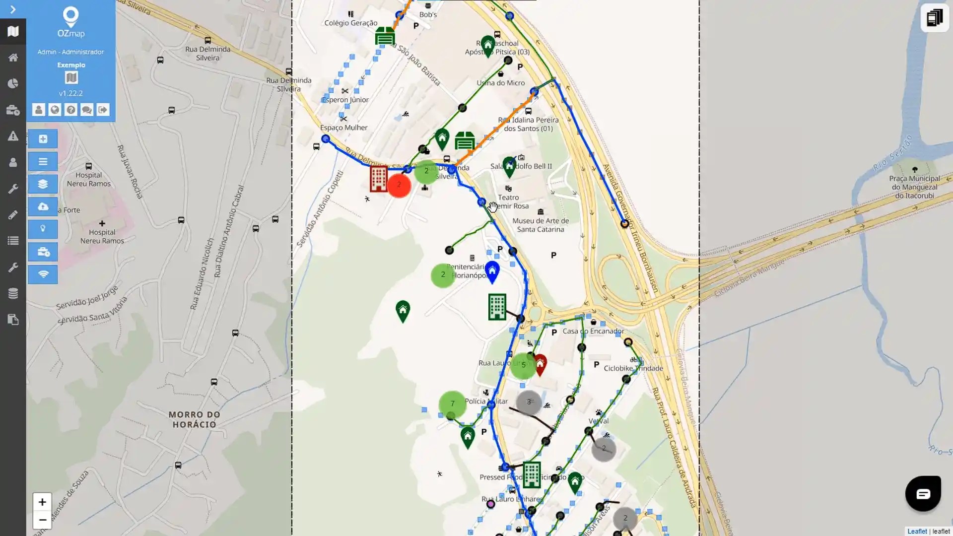 Ozmap map showing network documentation and M&E details in an urban area with multiple transit lines and landmarks