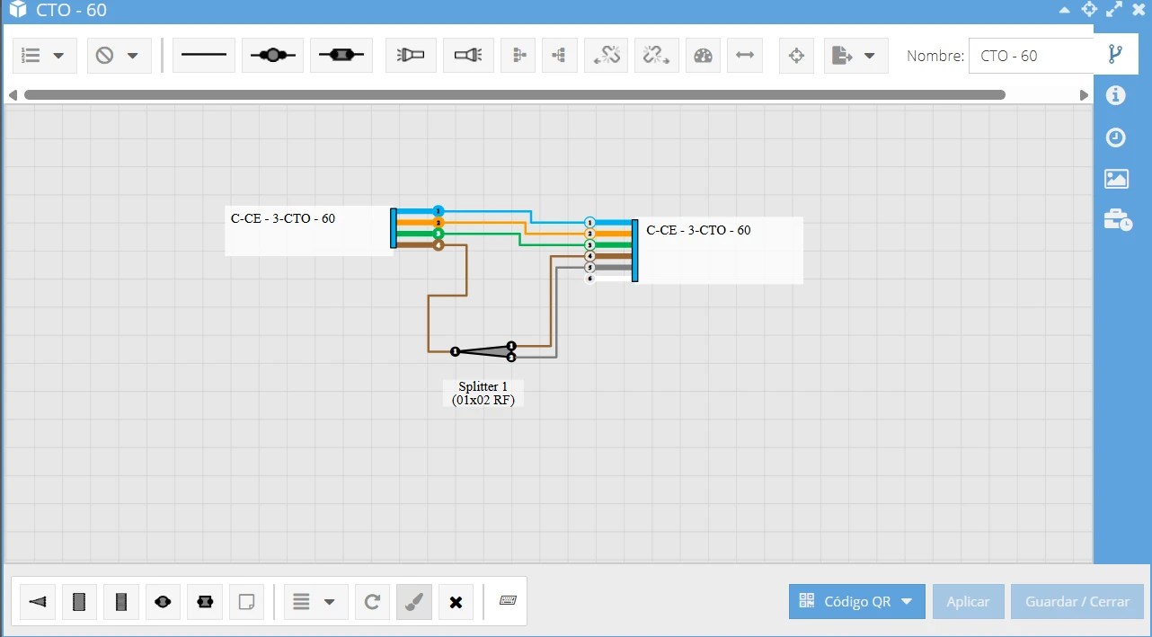 Diagrama de la caja en Ozmap que muestra las conexiones de cable para Sobralnet con divisor y cables diferenciados, utilizados en la configuración de la red.