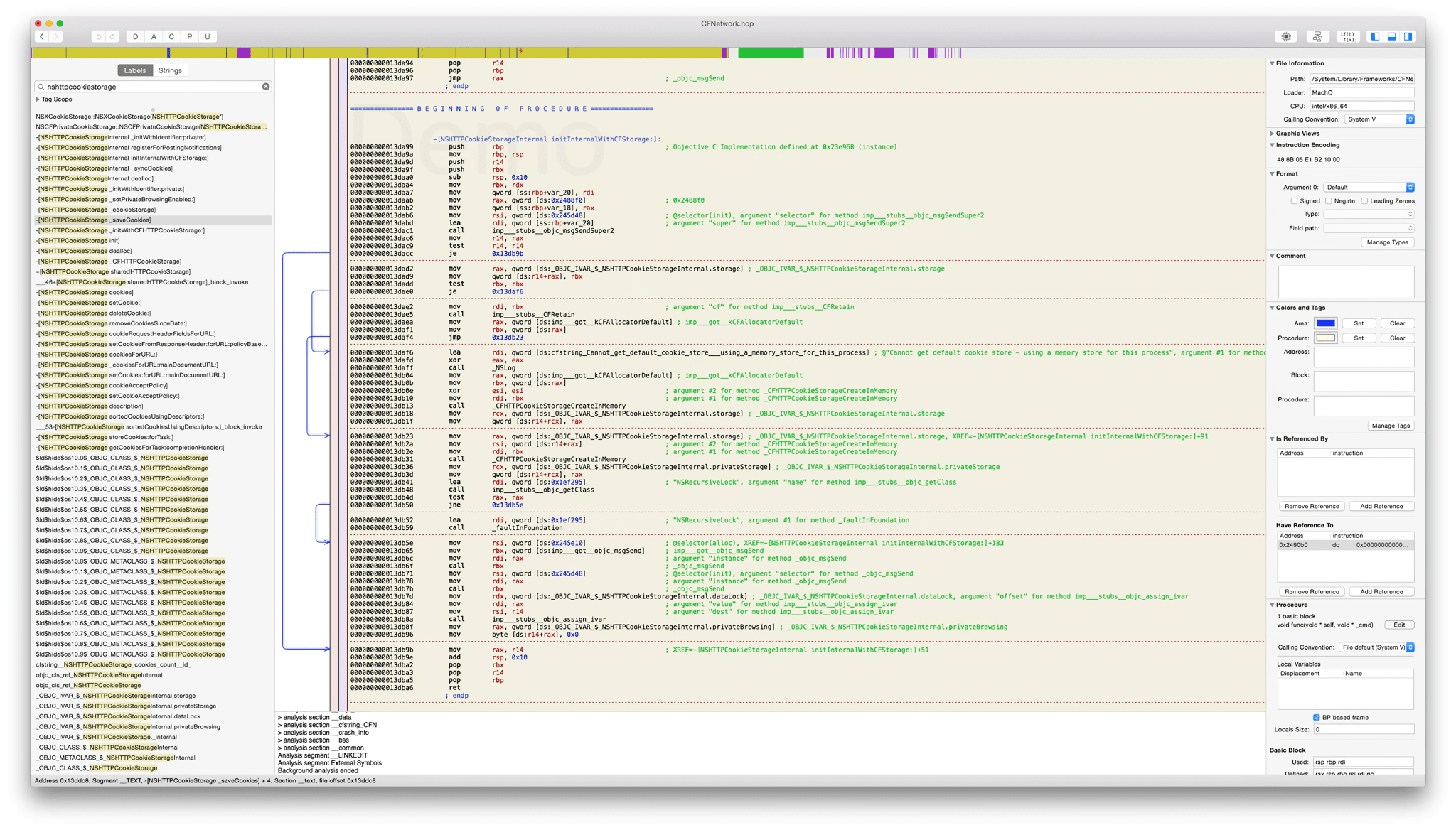 Disassembled CFNetwork in Hopper, showing the implementation of -[NSHTTPCookieStorageInternal initInternalWithCFStorage:] and the symbol list of every NSHTTPCookieStorage and NSHTTPCookieStorageInternal method.