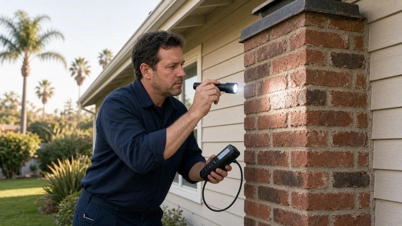 Inspector checking a Harbor City chimney with flashlight and camera