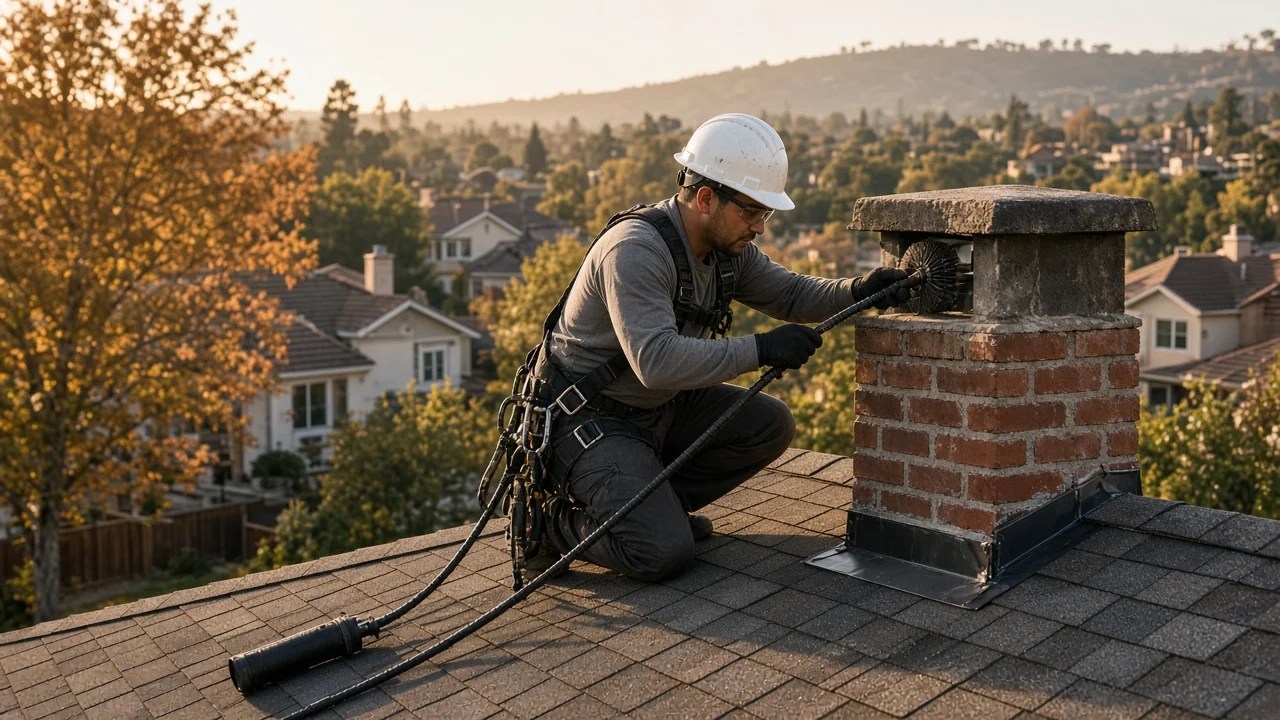 Chimney sweep technician cleaning a brick chimney on a Woodland Hills California home before winter