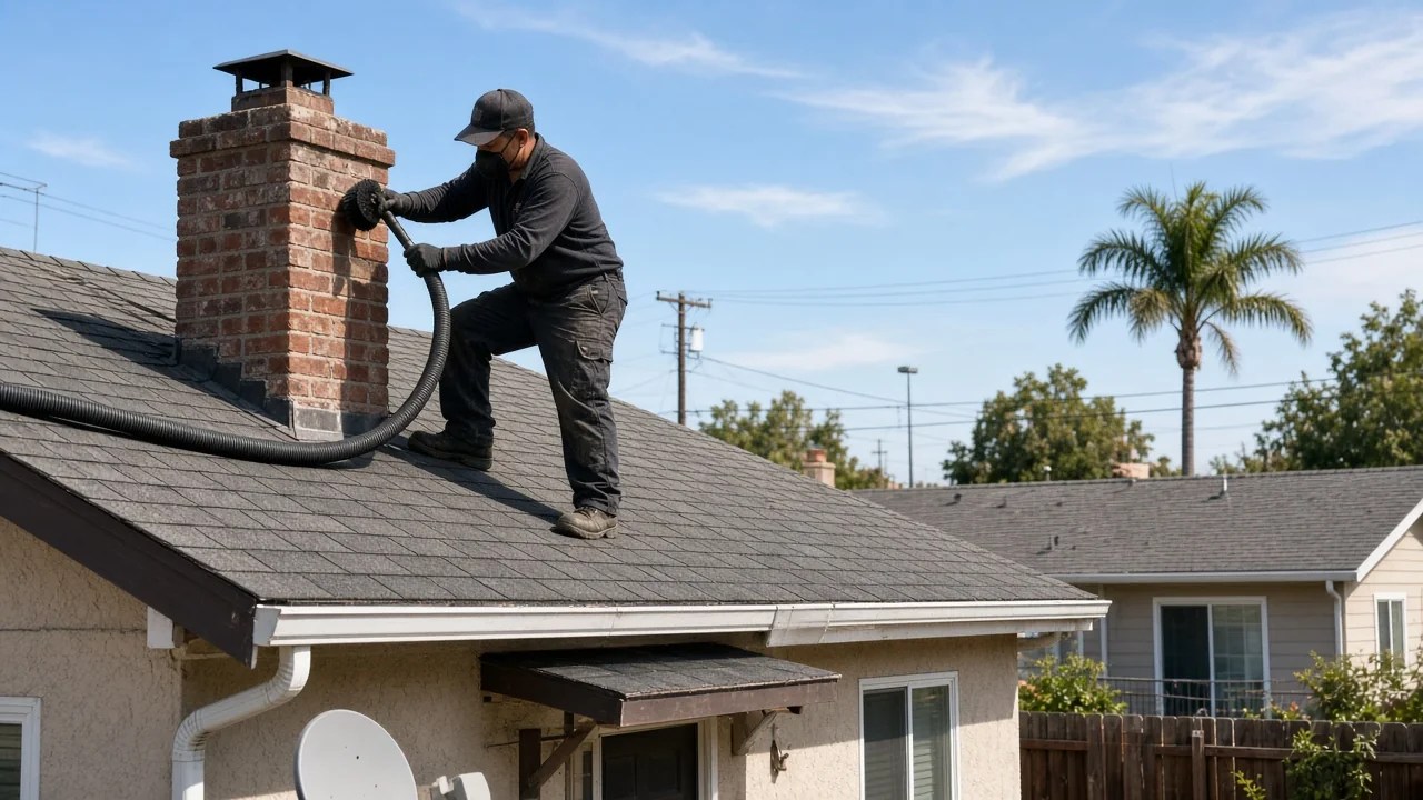 Professional chimney sweep working on a South Bay Harbor City home roofline
