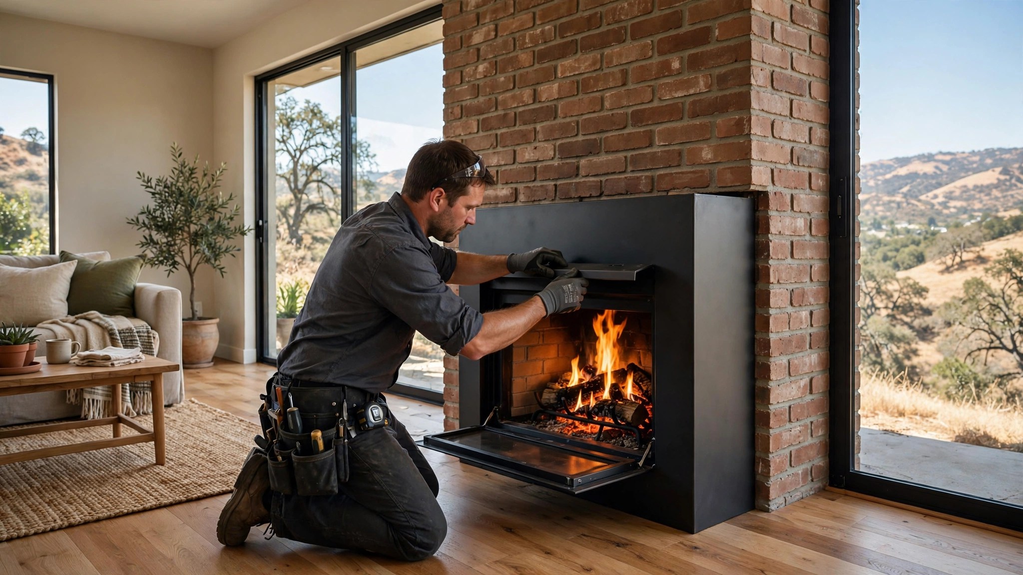 Technician installing a fireplace insert into a brick fireplace in a Woodland Hills living room.