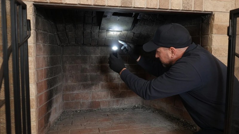 Chimney technician inspecting a brick fireplace firebox during a Woodland Hills inspection