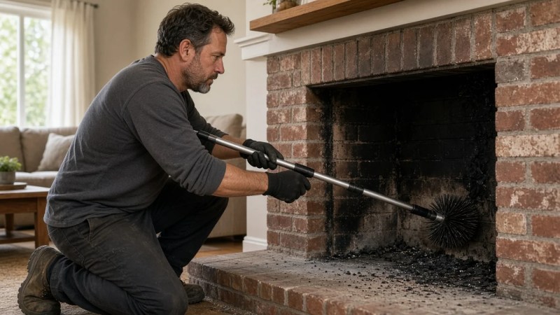 Technician brushing and vacuuming a fireplace firebox interior during chimney cleaning