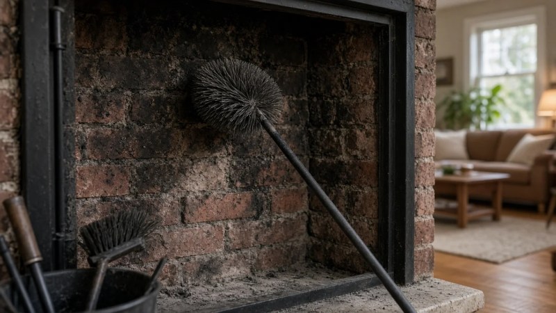 Creosote brush cleaning inside a fireplace throat during a sweep