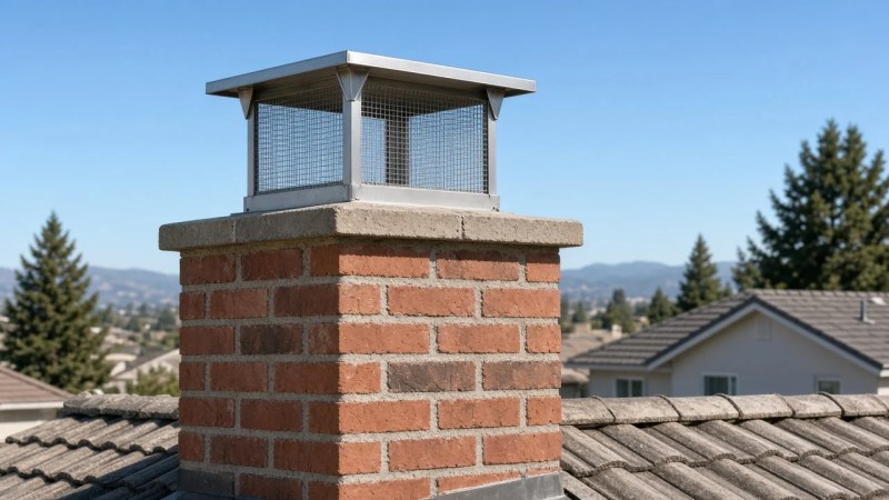 Stainless steel chimney cap with spark screen on a brick chimney after cleaning