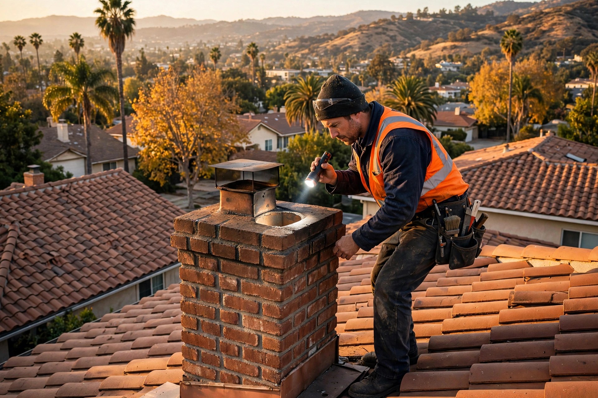 Chimney technician inspecting a masonry chimney on a Woodland Hills rooftop at golden autumn light