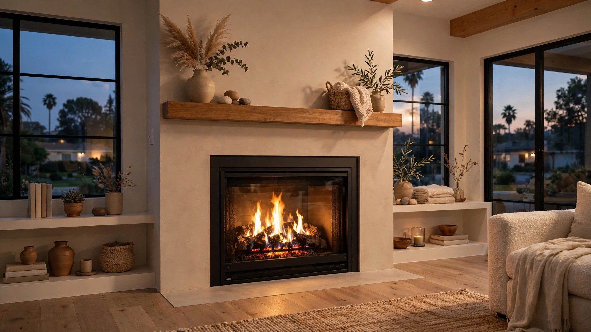 Gas fireplace insert glowing with realistic flames in a finished Harbor City living room at evening