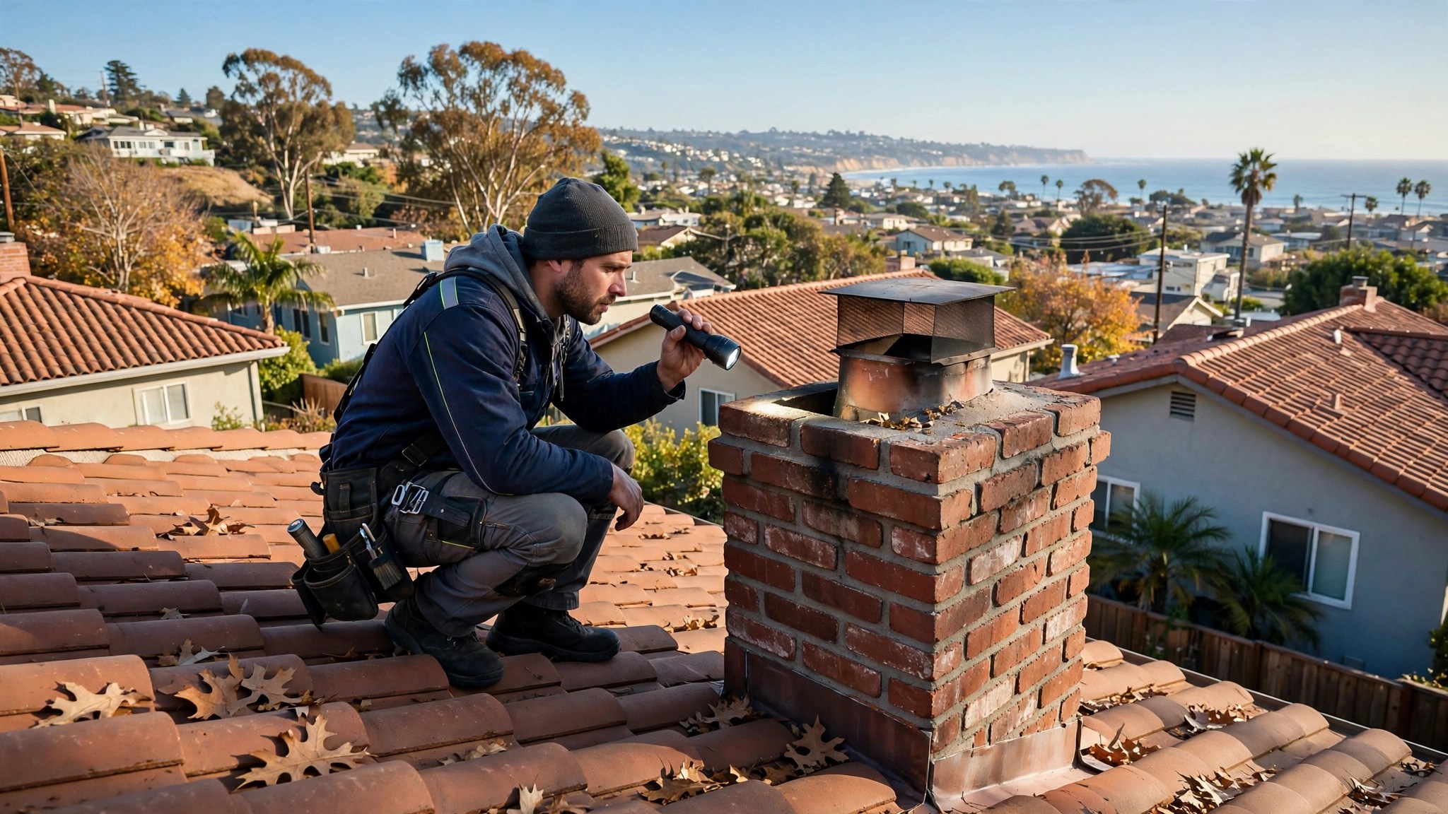 Chimney technician inspecting a masonry chimney on a Harbor City rooftop with a flashlight
