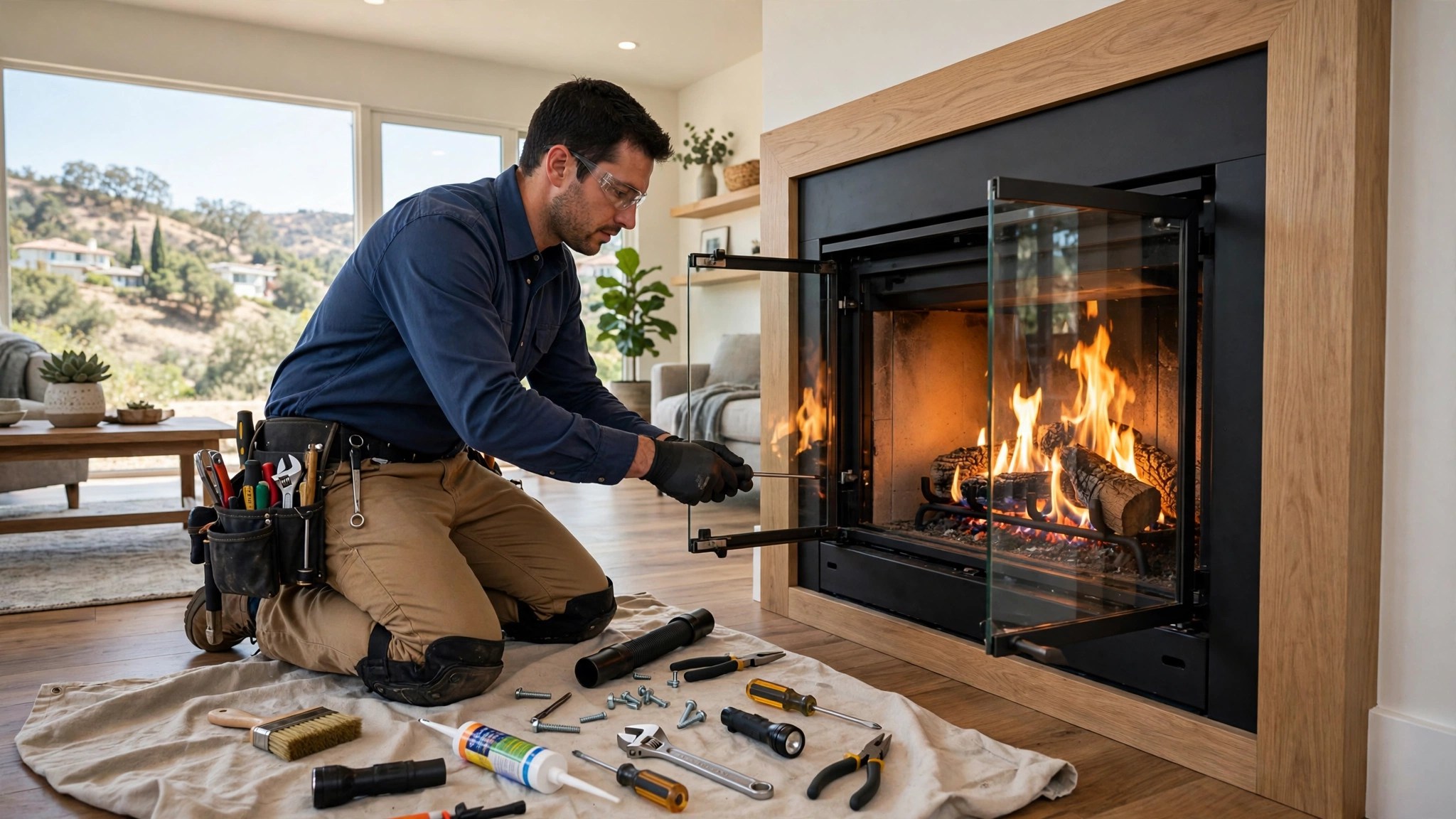 Certified technician servicing a modern gas fireplace insert in a bright Woodland Hills living room
