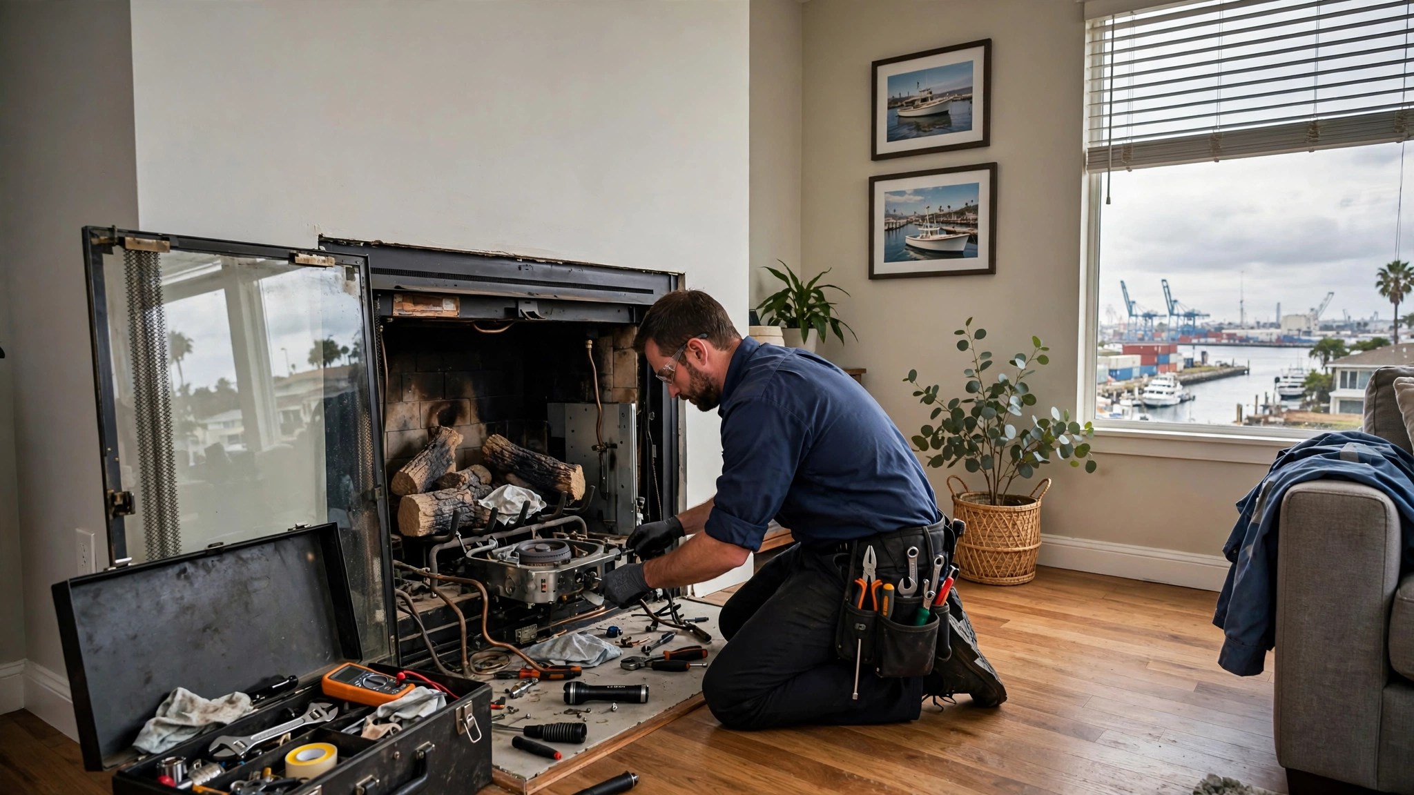 Technician servicing a gas fireplace in a Harbor City home