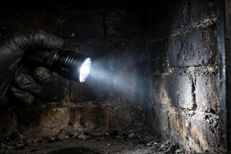 Technician's gloved hand holding a flashlight inside a sooty fireplace firebox during inspection