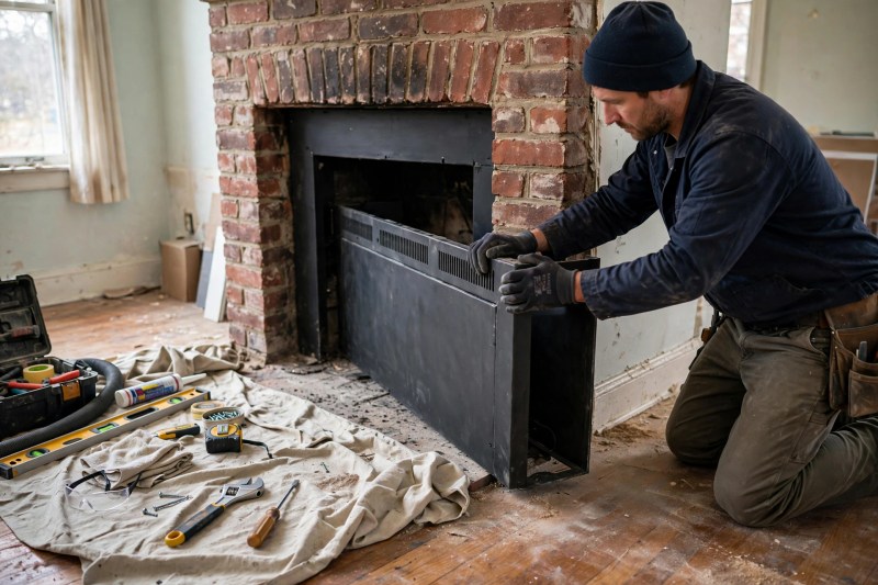 Installer in work gloves sliding a steel fireplace insert into a masonry fireplace opening with tools nearby