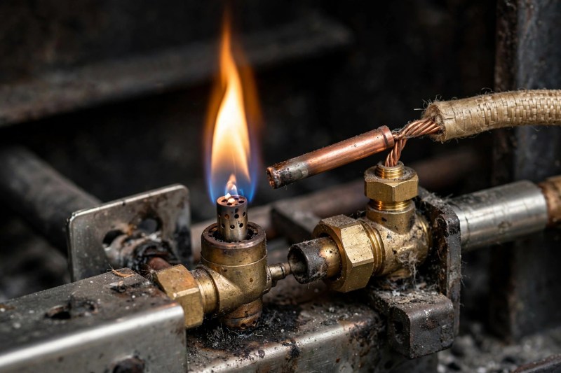 Close-up of a pilot light and thermocouple assembly