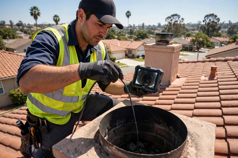 Chimney technician on a roof feeding an inspection camera down a chimney flue while watching the flue interior on a monitor