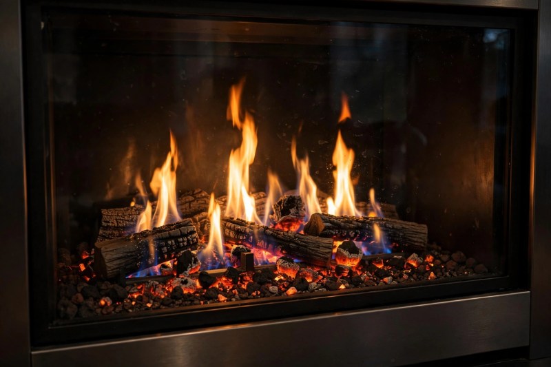 Close-up of a gas fireplace insert showing the flame pattern and ember bed behind the glass front