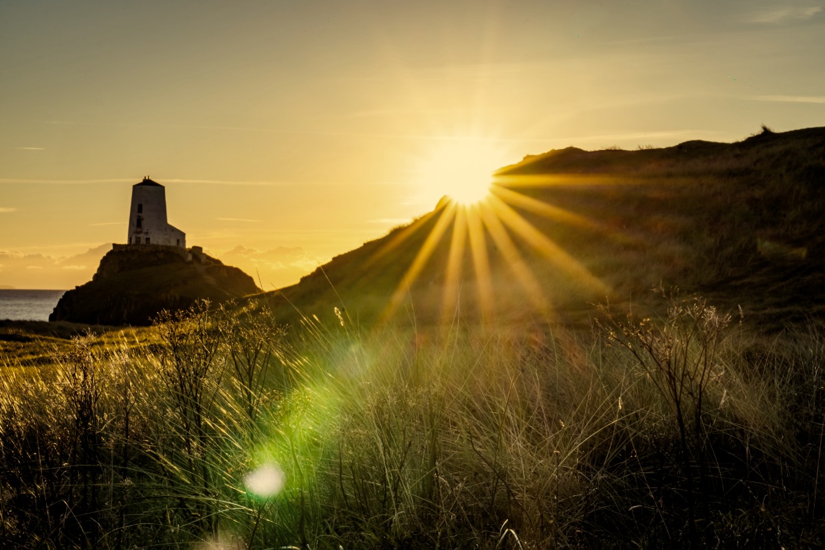 Lighthouse on a rocky hill at sunset with sunlight rays spreading over tall grass, symbolizing hope and guidance after a difficult week.