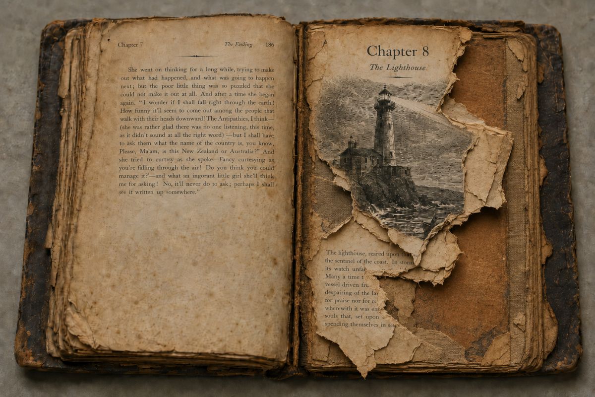 An antique open book with an intact Chapter 7 page on the left and a heavily torn Chapter 8 page on the right, revealing the book’s old binding beneath a lighthouse engraving.
