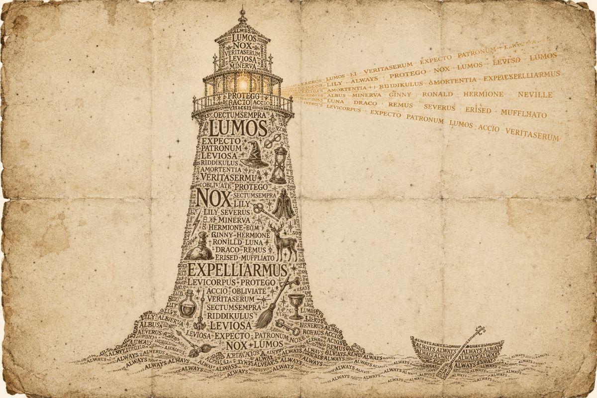 Typographic lighthouse illustration on aged parchment, made from repeated fantasy spell words, character names, magical icons, and a small rowing boat formed from the word “Always.”