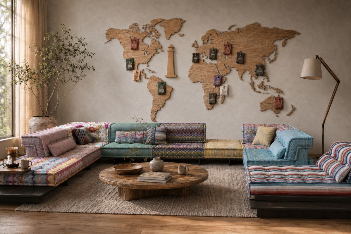 Contemporary living room with a colourful patchwork modular sofa beneath a wooden world map decorated with coffee bags and a wooden lighthouse.