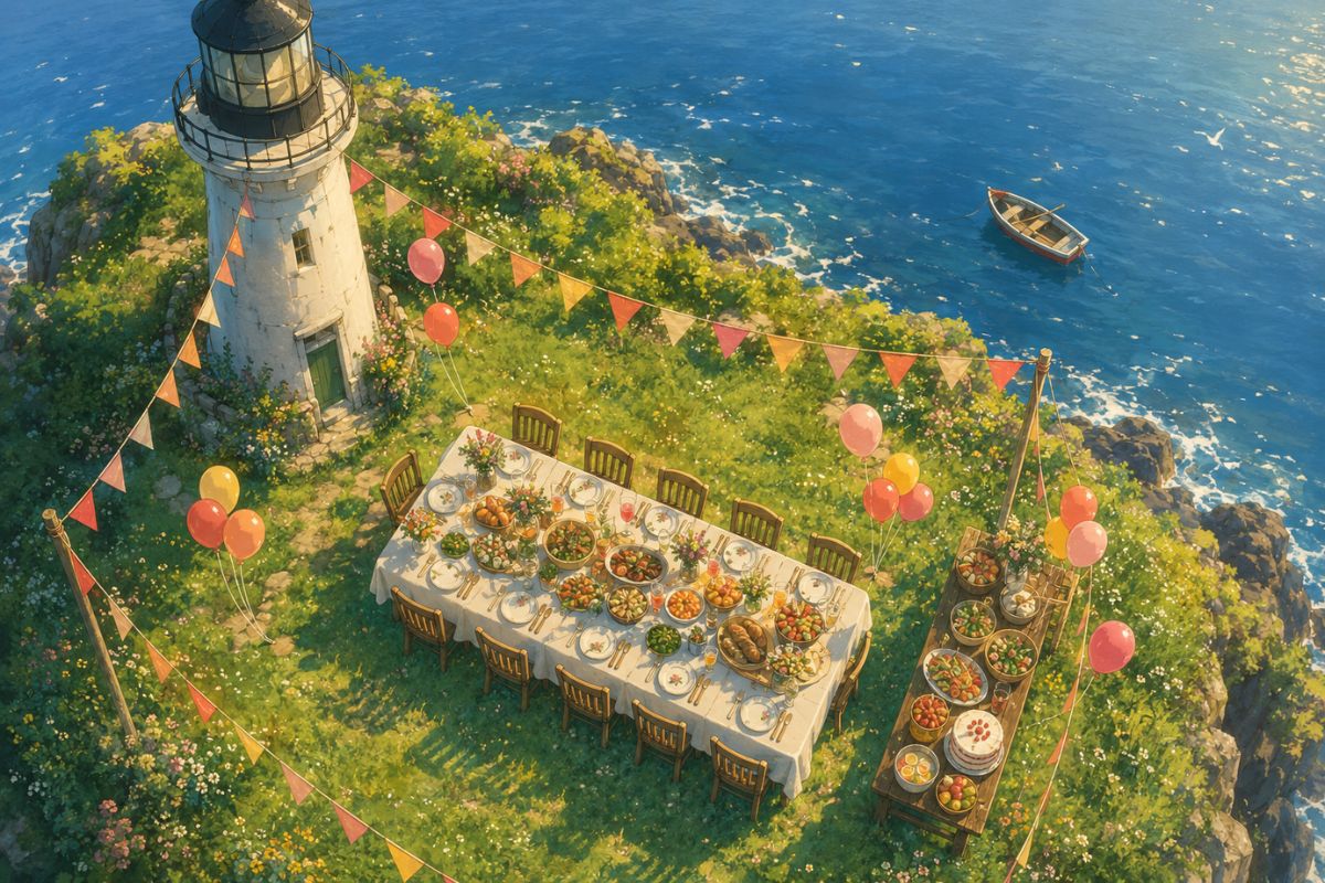 Aerial illustration of a white lighthouse beside a long outdoor dining table set for ten, surrounded by balloons, bunting, wildflowers, a buffet table, and a calm blue sea.